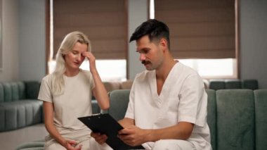Modern bir klinikte, bekleme odasında, açık elbiseli genç bir kız kanepede bir doktorla oturuyor ve sağlık sorununu konuşuyor.