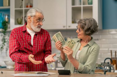 Parlak bir mutfakta, masadaki yaşlı, sevimli bir çift aylık giderlerini hesaplar yıllık giderlerini hesaplar ve aylık yaşam süresini hesaplar.