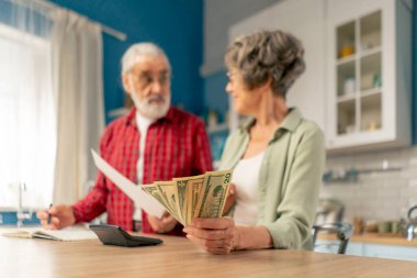 Parlak bir mutfakta para biriktirirken masadaki yaşlı ve tatlı bir çift aylık giderlerini hesaplar yıllık giderlerini hesaplar aylık sağlık giderlerini hesaplar aylık sayım parasını sayar