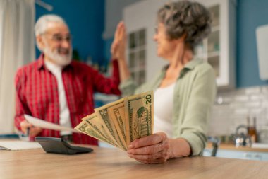 Parlak bir mutfakta para biriktirirken masadaki yaşlı ve tatlı bir çift aylık giderlerini hesaplar yıllık giderlerini hesaplar aylık sağlık giderlerini hesaplar aylık sayım parasını sayar