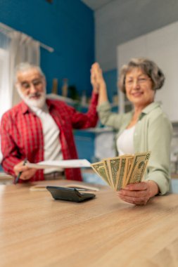 Parlak bir mutfakta para biriktirirken masadaki yaşlı ve tatlı bir çift aylık giderlerini hesaplar yıllık giderlerini hesaplar aylık sağlık giderlerini hesaplar aylık sayım parasını sayar