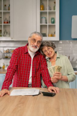 Parlak bir mutfakta, masadaki yaşlı, sevimli bir çift aylık ödeme faturalarını sayıyor aylık hayatta kalma masrafları kameraya bakıp gülümsüyor.