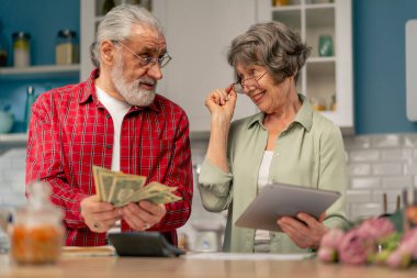 Parlak bir mutfakta yaşlı, sevimli bir çift masalarında aylık ödeme faturalarını sayıyor gülümseyerek tablete bakıp gülüyor.