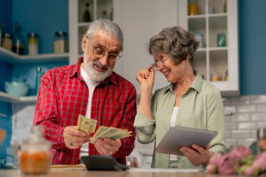 Parlak bir mutfakta yaşlı, sevimli bir çift masalarında aylık ödeme faturalarını sayıyor gülümseyerek tablete bakıp gülüyor.