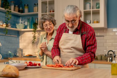 Parlak bir mutfakta açık yeşil gömlekli yaşlı bir kadın kocasıyla sağlıklı bir akşam yemeği hazırlıyor kocası sebze kesiyor karısı mutlu.