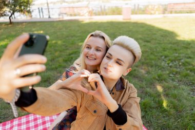 Yazın çimen kareli battaniyenin üzerinde oturup birbirine aşık bir çiftin telefonda rahatlarken fotoğraflarını çeken güzel lezbiyen bir çift.