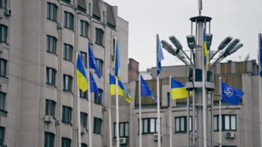 Ukrayna 'ya ait 2.8.2024 Sovyet bayraklı Ukrayna bayrağıyla Ukrayna Yaz Kyiv idari yapı direkleri