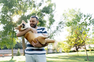 Yazın parkta çizgili tişörtlü sahibi başını tutarak kollarına bastırıyor. Küçük bir çocuk gibi küçük bir köpek evcil hayvanını seviyor.