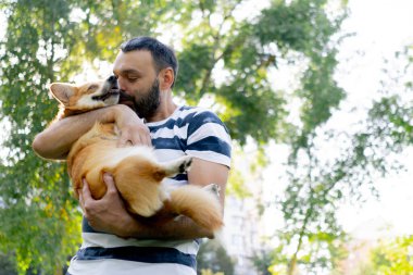 Yazın parkta çizgili tişörtlü sahibi başını tutarak kollarına bastırıyor. Küçük bir çocuk gibi küçük bir köpek evcil hayvanını seviyor.