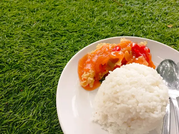 Baharatlı karides yemeği ve çim arka planda pirinç.