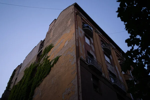 Kenarlarından yeşil bitkiler akan uzun ve eski bir bina.
