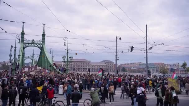 Protesting People Hungary Coming Bridge — Stock Video