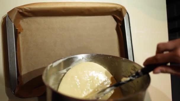 Pouring Soft Raw Cookie Dough Baking Tray — Stockvideo