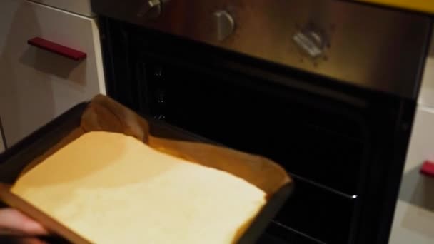Placing Tray Cookie Dough Oven Baking Closing Its Door — Vídeo de Stock