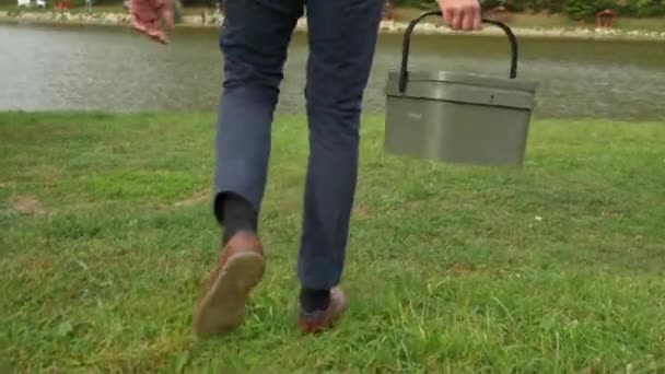 Guy Elegant Clothes Walking Lake — Stockvideo