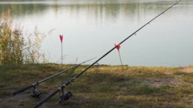 Fishing rod laying on the ground as fish starts biting