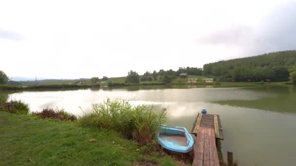 Щенок Лает Приближается Рыбацкое Озеро Лодкой — стоковое видео