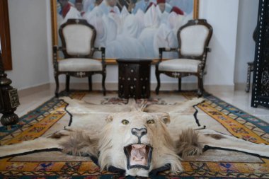 Lion carpet trophy with two chairs behind