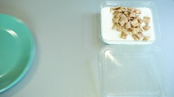 Overhead View Sliding Plate Next Cereal Breakfast — Video Stock