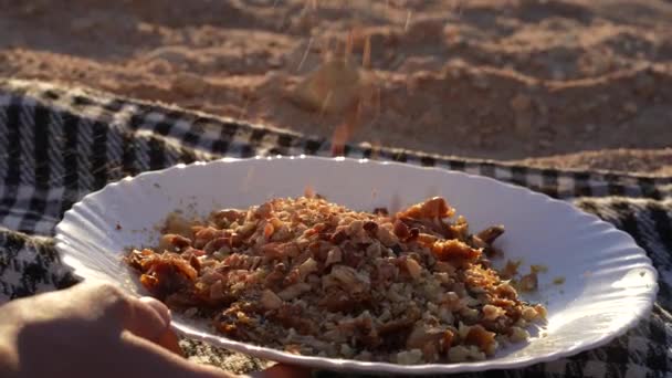 Pouring Ground Almonds Walnuts Desert Sunset High Quality Footage — Αρχείο Βίντεο