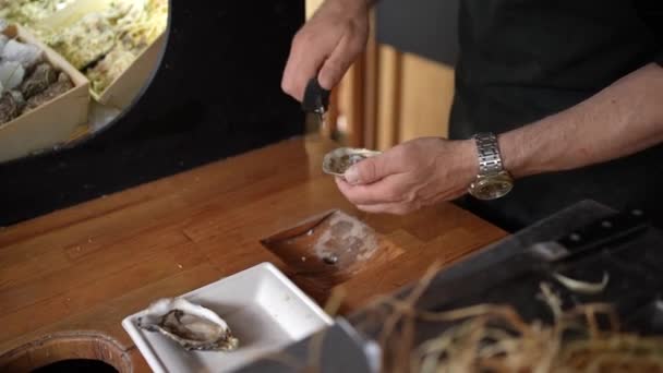 Szef Kuchni Przygotowuje Ostrygi Wycinając Nożem Wysokiej Jakości Materiał Filmowy — Wideo stockowe