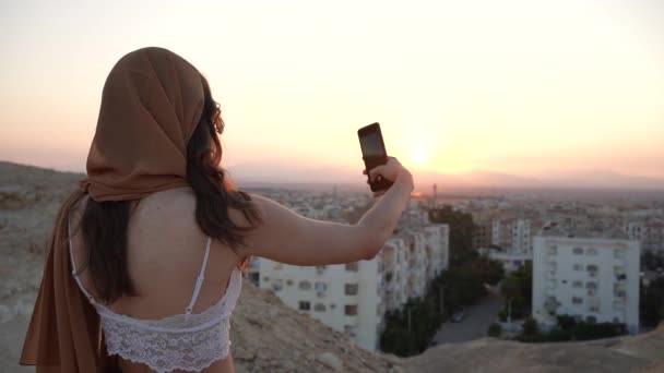 Beautiful Arabic Girl Wearing Hijab Scarf Sunset Looking Egyptian City — Stock Video