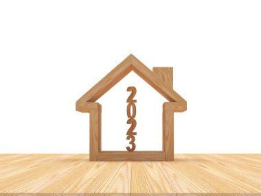 Yerde 2023 yılbaşı dikey numarası olan ahşap ev ikonu. 3B illüstrasyon