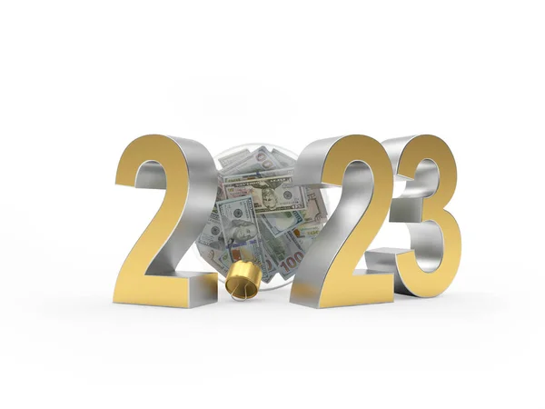 Numărul 2023 Mingea Crăciun Plină Bancnote Dolari Ilustrație — Fotografie, imagine de stoc