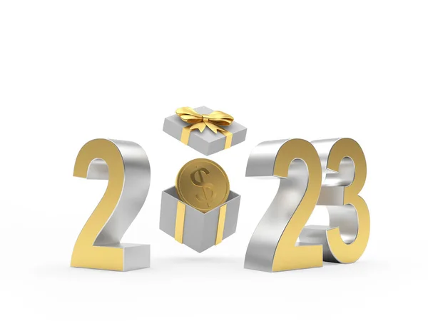 Κουτί Δώρου Νομίσματα Και Χρυσό Αριθμό 2023 Νέο Έτος Απεικόνιση Φωτογραφία Αρχείου
