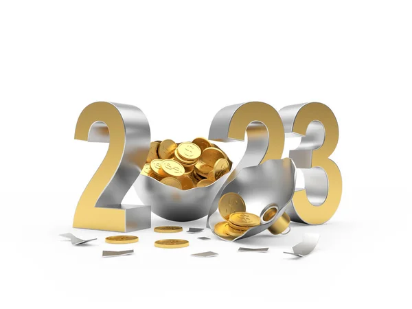 Сломанный Рождественский Шар Полный Золотых Монет Номером 2023 Иллюстрация Стоковое Фото