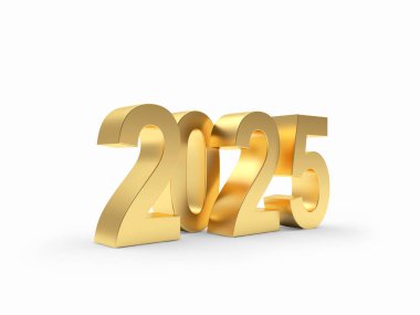 Beyaz zemin üzerinde izole edilmiş 2025 numaralı altın sayısının 3B çizimi.