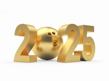2025 rakamlı altın bowling topu. 3B illüstrasyon