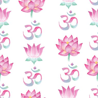 Nilüfer sembollü suluboya deseni ve Hinduizm sembolü Om, Aum..
