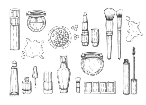 Hand Drawn Cosmetics Make Set Big Collection Makeup Product Tonal — Stock Photo, Image