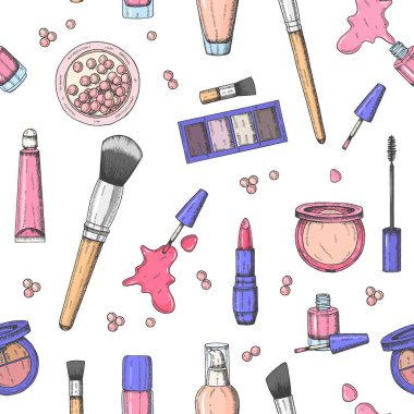 Renkli, pürüzsüz desen. Kabartma kozmetik. Vektör makyajı arka plan - tonal sıvı, ruj, dudak parlatıcısı, pudra incileri, temel, rimel, makyaj fırçası, göz farı, tırnak cilası