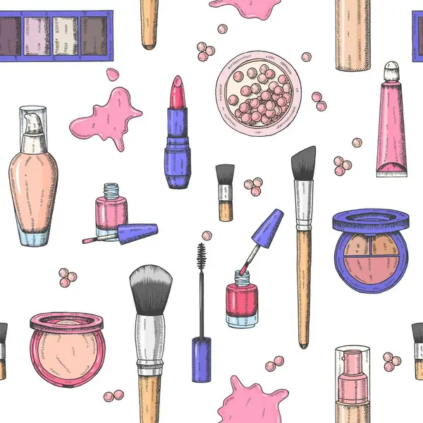 Renkli, pürüzsüz desen. Kabartma kozmetik. Vektör makyajı arka plan - tonal sıvı, ruj, dudak parlatıcısı, pudra incileri, temel, rimel, makyaj fırçası, göz farı, tırnak cilası