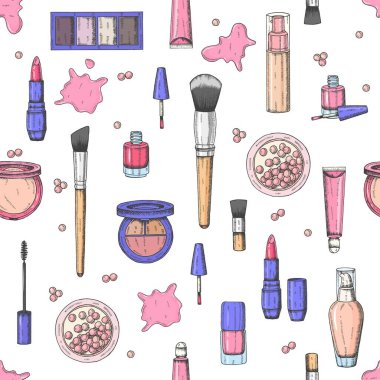 El yapımı, pürüzsüz desen. Kabartma kozmetik. Vektör makyajı arka plan - tonal sıvı, ruj, dudak parlatıcısı, pudra incileri, temel, rimel, makyaj fırçası, göz farı, tırnak cilası