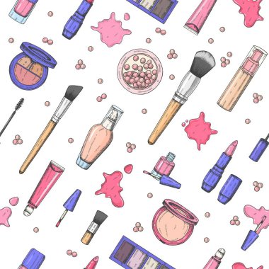El yapımı, pürüzsüz desen. Kabartma kozmetik. Vektör makyajı arka plan - tonal sıvı, ruj, dudak parlatıcısı, pudra incileri, temel, rimel, makyaj fırçası, göz farı, tırnak cilası