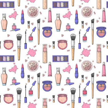 El yapımı, pürüzsüz desen. Kabartma kozmetik. Vektör makyajı arka plan - tonal sıvı, ruj, dudak parlatıcısı, pudra incileri, temel, rimel, makyaj fırçası, göz farı, tırnak cilası