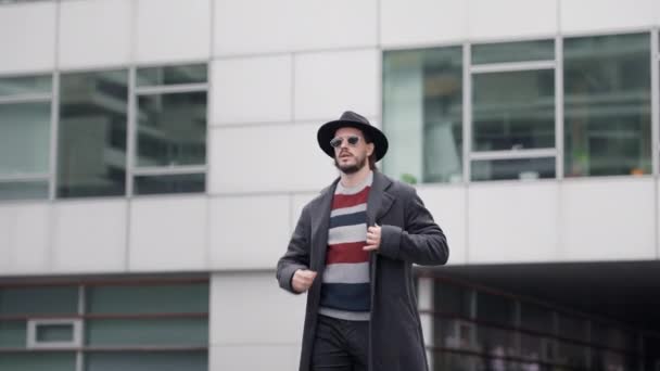 Stylish Bearded Hipster Guy Dressed Coat Walking Street While Calling — Stock Video