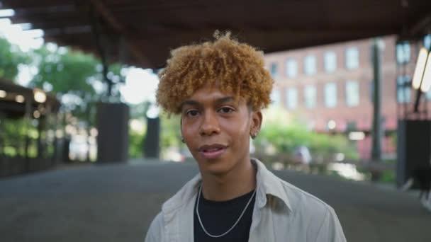 Vista Del Retrato Del Joven Afroamericano Con Feliz Expresión Cara — Vídeo de stock
