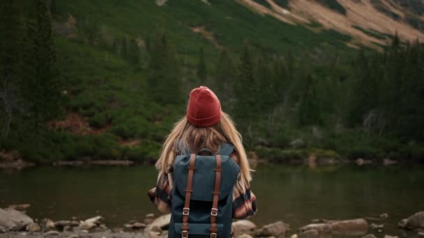 Back View Stylish Hipster Woman Holding Backpack Looking Mountain View — Wideo stockowe