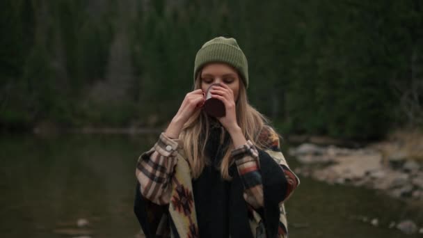 Young Woman Drinking Tea Coffee Mountains Picturesque Back View Enjoying — Stok video
