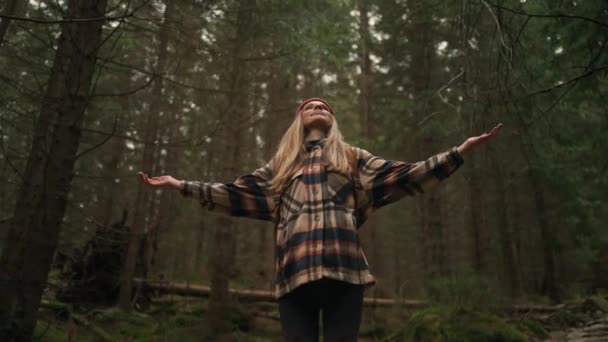 Happy Woman Raised Arms Forest Closed Eyes Enjoying Fresh Air — стоковое видео