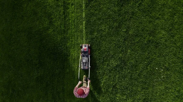 Yeşil çimen bahçesini kesen çim biçme işçisinin en üst görüntüsü. Çim biçme makinesiyle çim biçen kimliği belirsiz bir işçi.