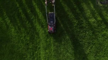 Top view of the lawn mower mows fresh, green grass on the lawn. Municipal worker in uniform with a lawn mower in his hand. Lawn care service concept