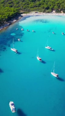 Aerial video of luxury super yacht marina and sailing boats. Modern water transport, summertime vacation, luxury lifestyle and wealth concept