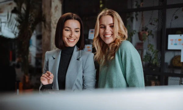 Retrato Dos Jóvenes Empresarias Felices Sonriendo Trabajando Espacio Oficina Disfrutando — Foto de Stock