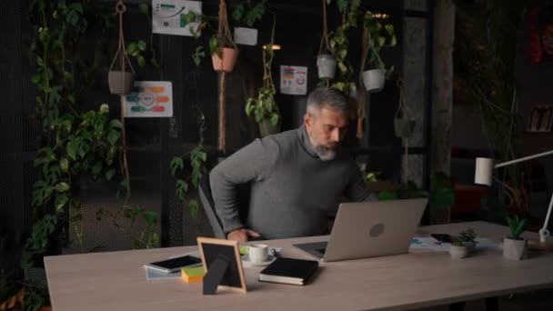 Senior Businessman Entering Office Started Typing Keyboard Looking Laptop Monitor — Stock Video