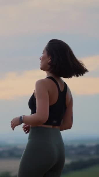 Young Fitness Woman Runner Checking Time Smart Watch Young Woman — Video
